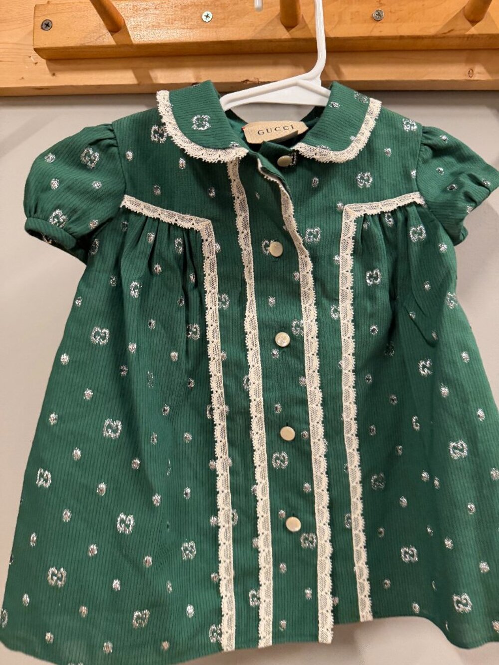 Gucci Baby Girl Green GG Monogram Lace Trim Dress 3/6 Months Made in Italy